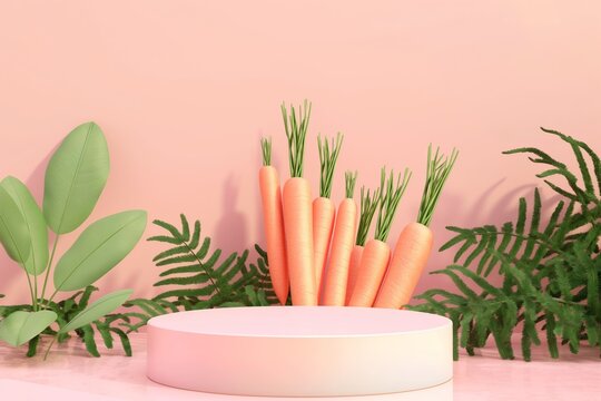 An image featuring stylized carrots on a circular pink podium with soft green foliage in the background, ideal for fresh produce or vegan themes.