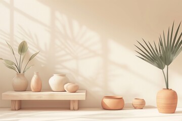 Simple ceramic vases on a wooden bench with palm shadows creating a tranquil atmosphere, perfect for minimalist decor or pottery promotions.