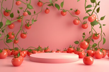 Pink-hued scene with ripe tomatoes on vines above a circular podium, perfect for food presentations or agricultural marketing.