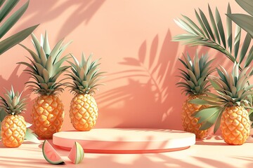 Obraz premium Golden pineapples arranged around a soft coral podium with palm shadows, great for tropical themes and healthy lifestyle concepts.