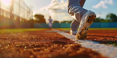 photo of a first baseman touching base waiting for baseball, runner running toward base  - obrazy, fototapety, plakaty