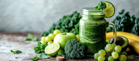 Fresh Green Smoothie in Glass Jar with Fruits and Vegetables