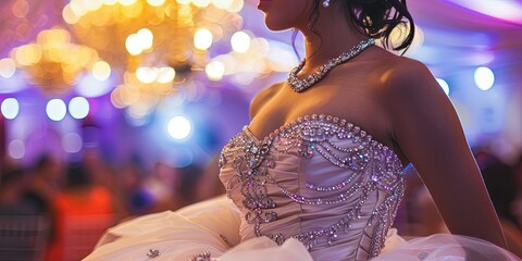 Young latina teenage girl attending her quinceanera in a gown and crown. 15th birthday celebration - obrazy, fototapety, plakaty