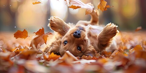 photo of adorable puppy rolling in autumn leaves, bright and colorful, windy day,