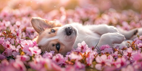 photo of adorable puppy rolling in spring blossoms, bright and colorful, windy day,