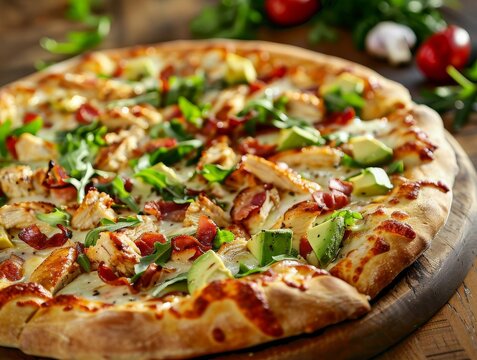 Pizza California Club Avocado Chicken Arugula Mozzarella Cheese Slice Whole Box Background Image