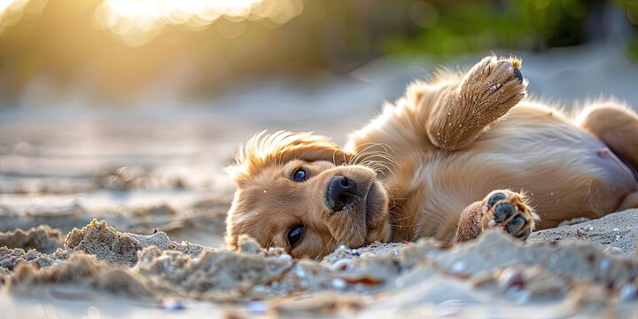 photo of adorable puppy rolling in summer sands, bright and colorful, windy day,