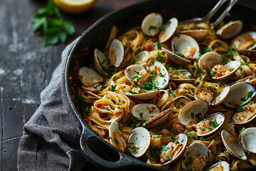 Italian Pasta with Clams in a Rustic Kitchen Setting