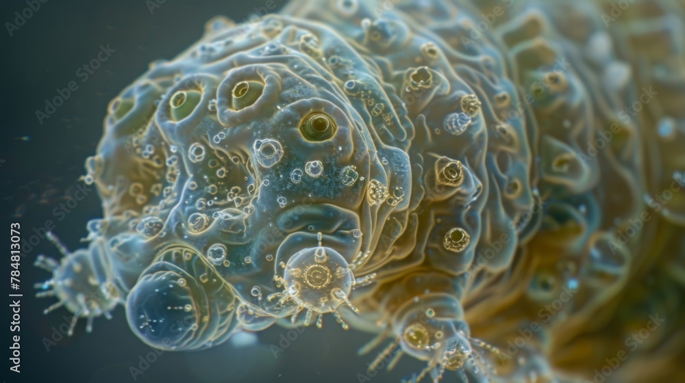 Poster a highly detailed closeup of a tardigrades skin revealing the complex structure of its exoskeleton a