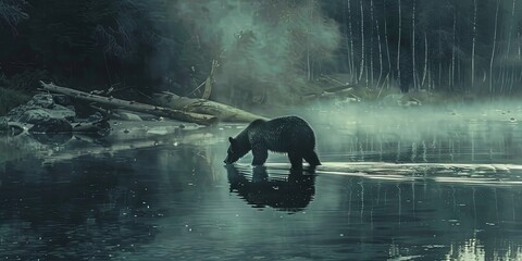 A brown grizzly bear hunting for salmon in the river waters - obrazy, fototapety, plakaty