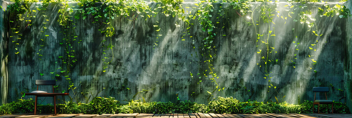 Lush Green Ivy Wall with Wooden Textures, Beautiful Outdoor Garden Design - obrazy, fototapety, plakaty