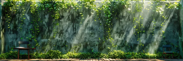 Fotobehang Lush Green Ivy Wall with Wooden Textures, Beautiful Outdoor Garden Design © Taslima