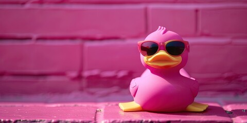 Pink rubber ducky with sunglasses against pink wall