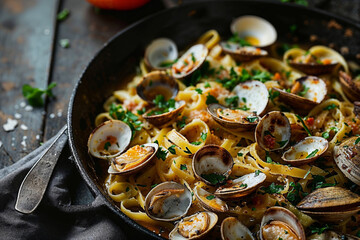 Delicious Seafood Pasta with Clams in a Pan