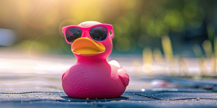 Pink rubber ducky with sunglasses outdoors lifestyle image