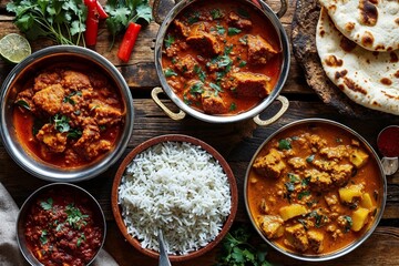 Indian Cuisine Feast with Rice and Naan Bread