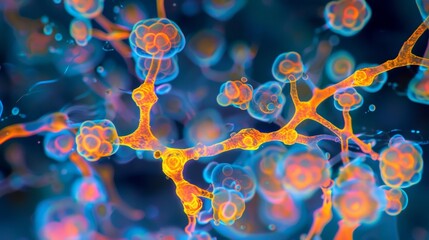 Vibrant fluorescent image of a fungal hyphae network revealing their ability to secrete enzymes that break down organic material further - obrazy, fototapety, plakaty