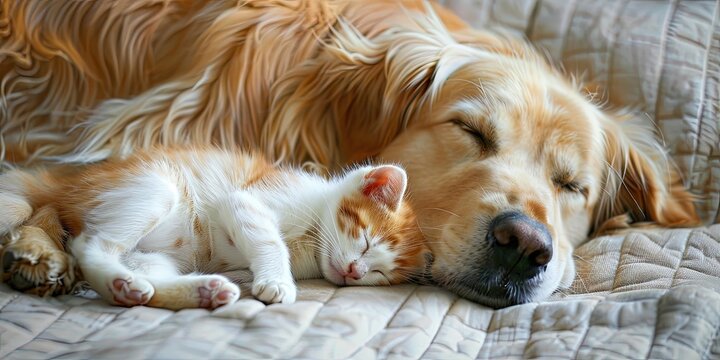 photo of cute kitten sleeping with large dog
