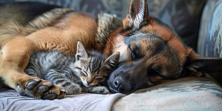 photo of cute kitten sleeping with large dog