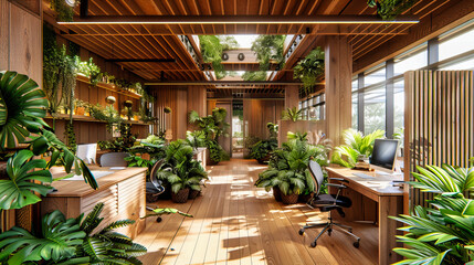 Fototapeta premium Lush Indoor Greenhouse with Tropical Plants and Modern Home Interior Design Elements