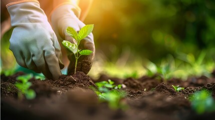 Gardener planting small tree to preserve global warming, world environment day