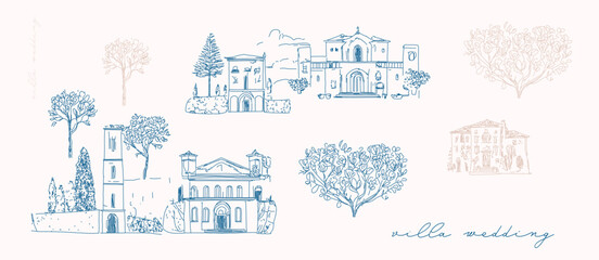 Tuscan Villa or Provence rough sketched abstract  - 784813652
