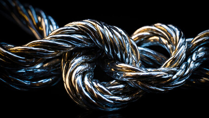 chromed metal cables of various colors knotted together - concept of solidarity cooperation between teams