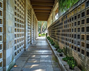 Urns with ashes in a columbarium wall 