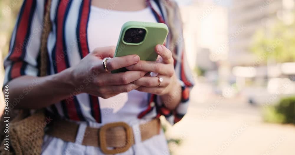 Poster hands, phone and closeup with commute, walk and travel for urban street or campus. student, smartpho