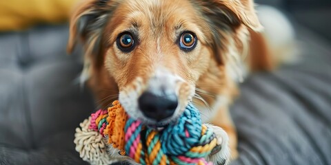photo of dog holding chew toy  - obrazy, fototapety, plakaty