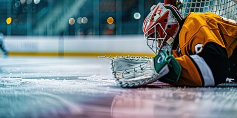photo of hockey goalie protecting the net - obrazy, fototapety, plakaty