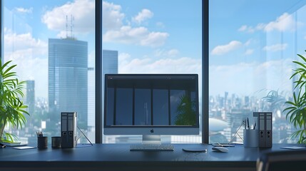 Modern workplace with computer monitors, keyboard and mouse on the background of a panoramic window overlooking the city.

