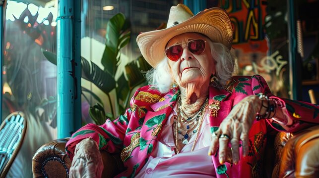 Older woman - elderly grandmother - in fashionable stylish clothing - garish and bright like a modern day senior citizen flamboyant pimp
