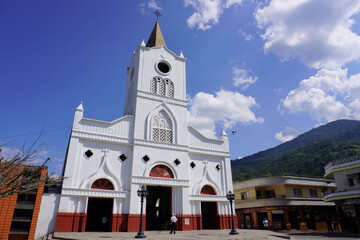 Valparaiso, Antioquia, Colombia; March 28, 2024: Front view of the parish of Saint Ana (Santa Ana)...