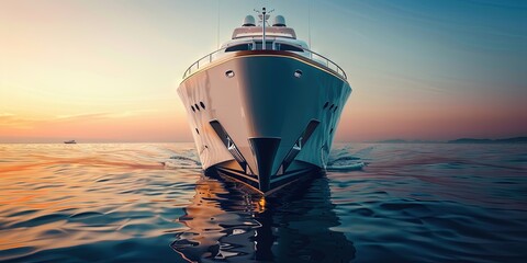 photo of luxury yacht on the ocean at sunset - obrazy, fototapety, plakaty