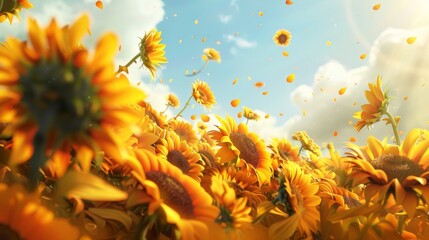Each sunflower reaching for the sky their cheerful bright petals creating a sea of yellow and orange. - obrazy, fototapety, plakaty