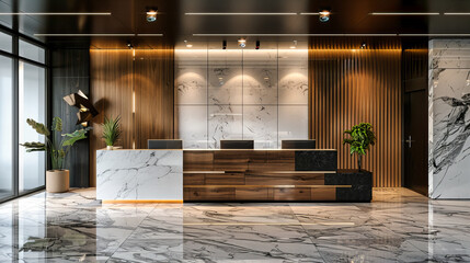 Luxurious Hotel Lobby with Modern Design, Marble Floors, and a Welcoming Atmosphere