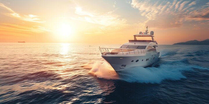 photo of luxury yacht on the ocean at sunset