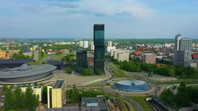 Panorama Roundabout Saucer Skyscraper Katowice Spodek Rondo Aerial View Poland