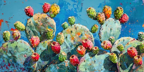 Prickly pear cacti - green desert cacti growing bright magenta fruits - obrazy, fototapety, plakaty