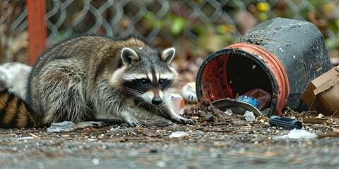 photo of raccoon eating garbage, knocked over trash can 