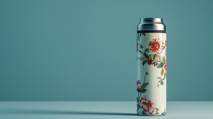Blank mockup of a retrostyle enamel thermos with a charming floral print. . - obrazy, fototapety, plakaty