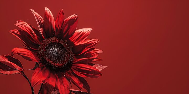 photo of red sunflower with deep red copy space