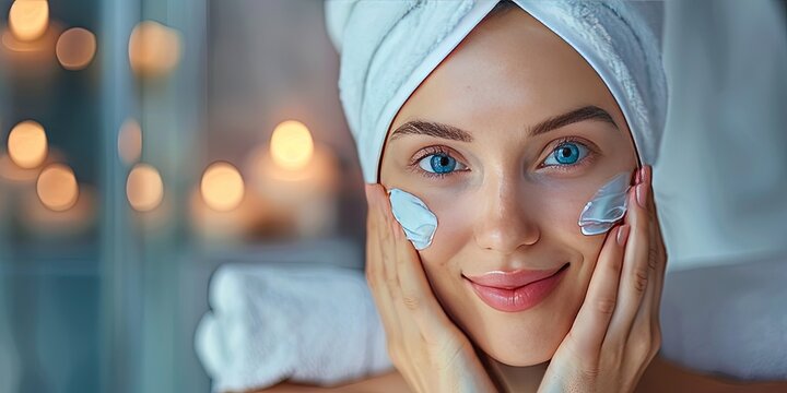 photo of woman following skin care routine with a towel on her head