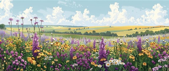 Panoramic View of a Lush Flower Field under a Cloudy Sky, a Visual Feast for Nature Enthusiasts and Landscape Photographers