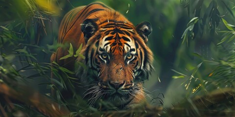 photo of tiger stalking - obrazy, fototapety, plakaty