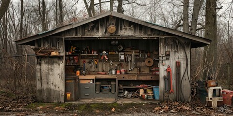Rustic tool shed filled with greasy and dirty tools for handyman