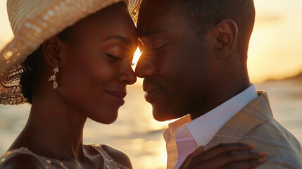 A romantic picnic by the beach sets the scene for this alluring black couple basking in the warm glow of the setting sun. Clad in modern couture their chemistry is palpable as they . - obrazy, fototapety, plakaty