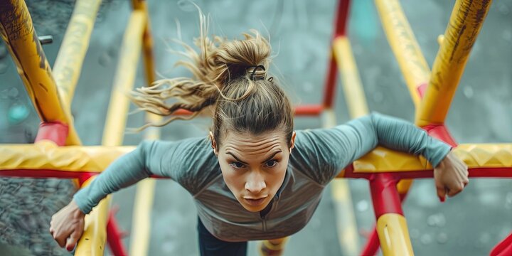 photo of woman running obstacle course 