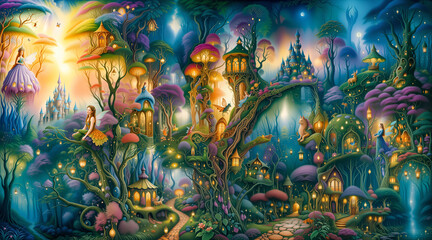 Fairy Village in the Enchanted Forest. Whimsical Forest with Glowing Lights and Treehouses. Magical Nature Concept. Children's Book Illustration
